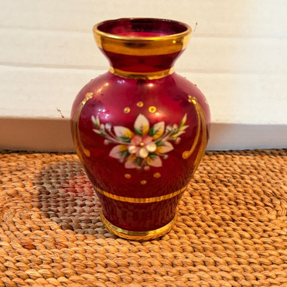 Vintage Ruby Red Art Glass Vase Hand Painted Enamel Flowers Gold Gilt 4.5"